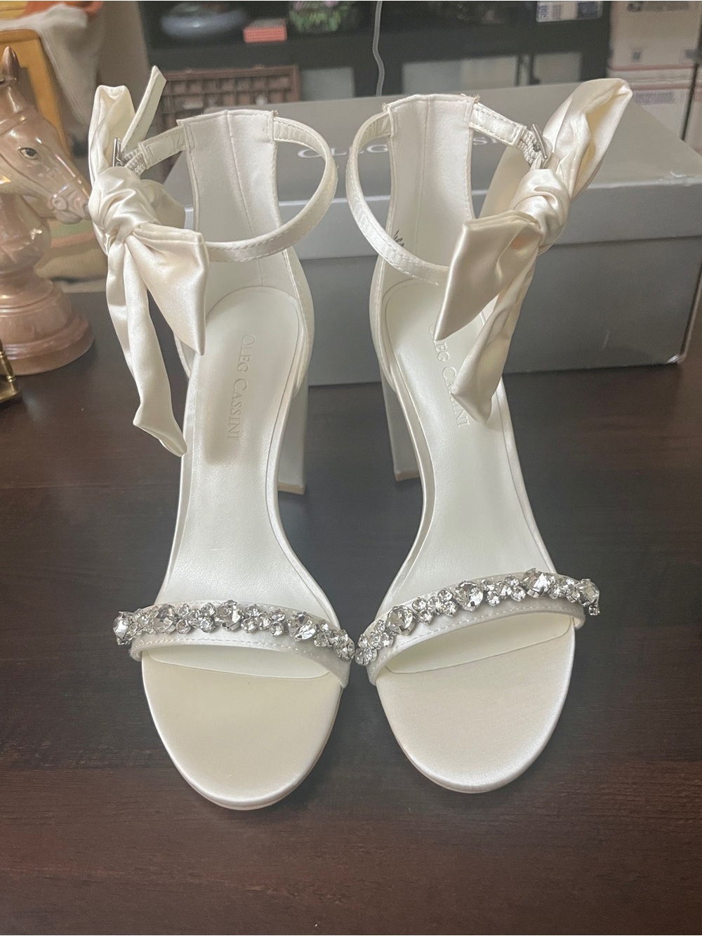 Oleg Cassini "Melania" Removable Ankle Bow Crystal Strap Heeled Sandals